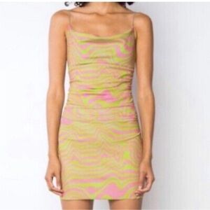 Maisie Wilen Printed Green Pink Stretch Mesh Mini Dress Size Small